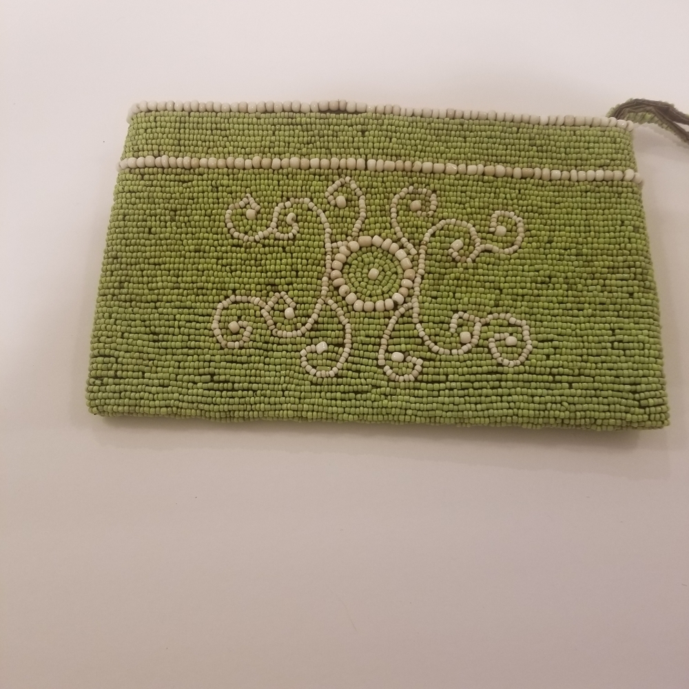 Beaded green and cream wristlet.